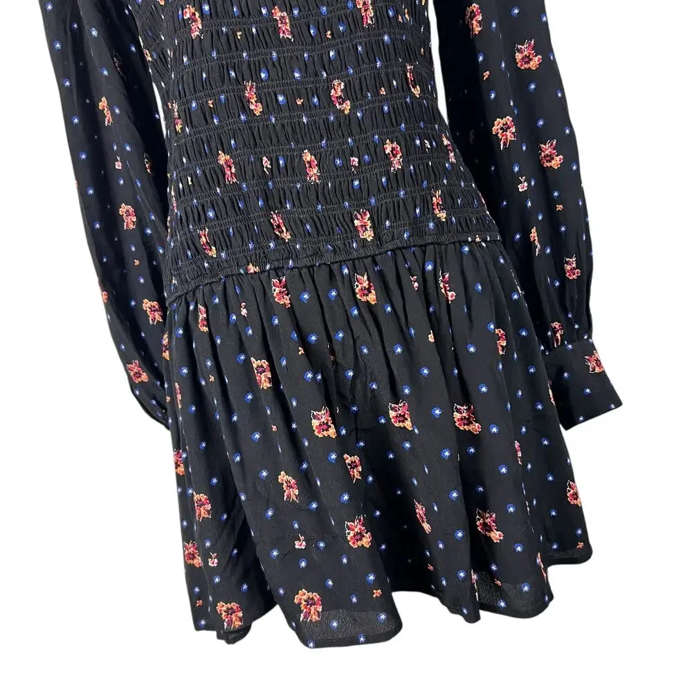 Free People Two Faces Mini Dress Black Floral Smocked‎ Long Sleeve Size S